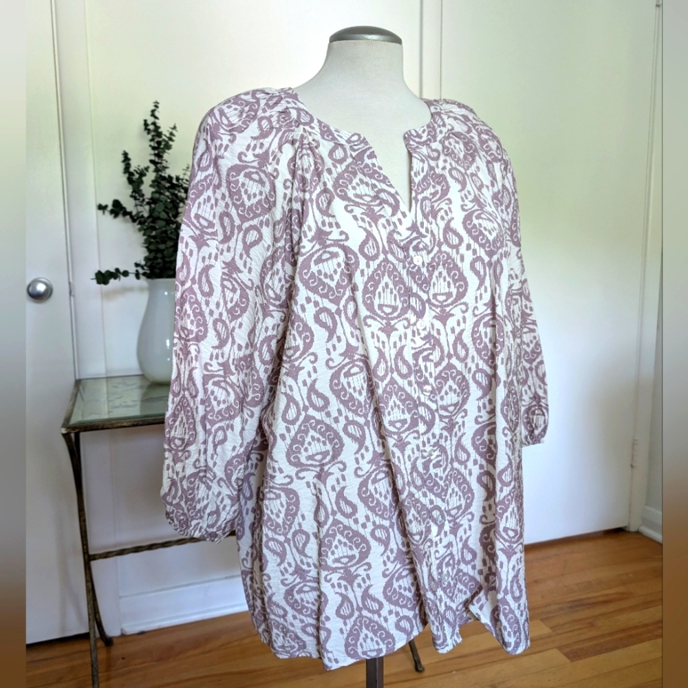 Fred David Blouse 2X Purple and White Floral Paisley V-neck Top Cottagecore